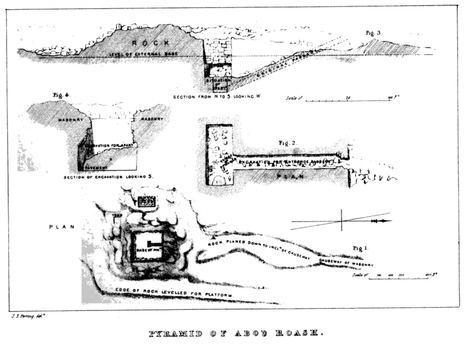An engraved plate with the plan and sections of the pyramid of Abu Roash.