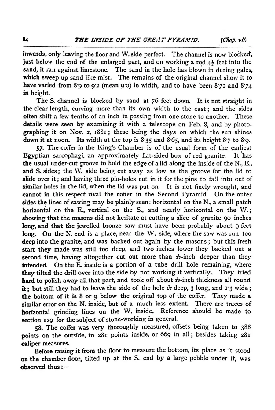 A printed page of Petrie’s 1883 book, describing the coffer in the King’s Chamber.